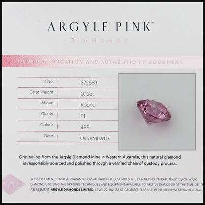 Argyle Certified 0.12ct 4PP Fancy Vivid Purple Pink Natural Argyle Pink Diamond Round Brilliant