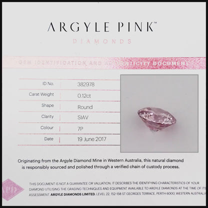 Argyle Certified 0.12ct 7P Fancy Pink Natural Argyle Pink Diamond Round Brilliant
