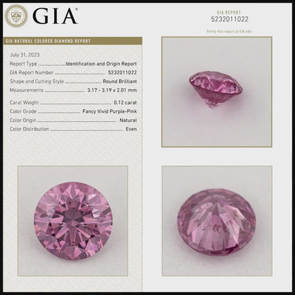 GIA Certified 0.12ct Fancy Vivid Purple Pink Natural Argyle Pink Diamond Round Brilliant SI1