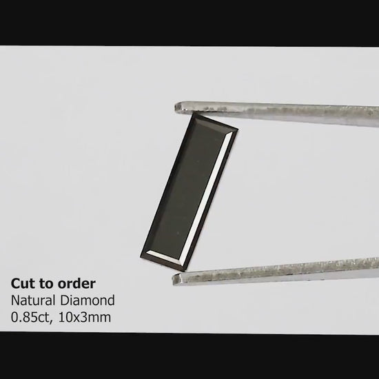 Reference black baguette diamond shown in tweezers from face-up, tilted, side and back orientations; the supplied diamond will be newly cut.