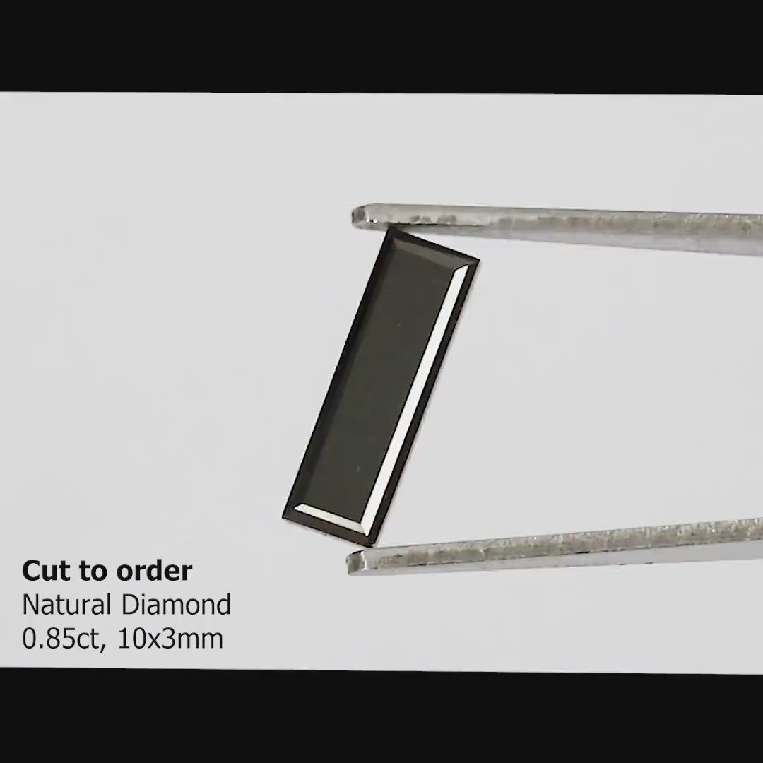 Reference black baguette diamond shown in tweezers from face-up, tilted, side and back orientations; the supplied diamond will be newly cut.
