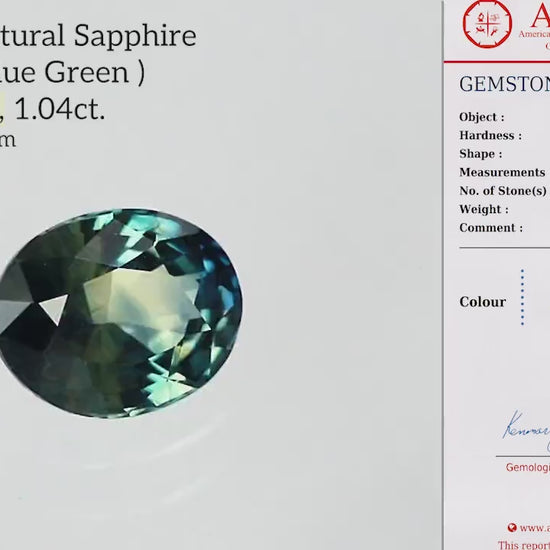 Oval blue-green sapphire turning on white and in tweezers, beside its corresponding AIG report.