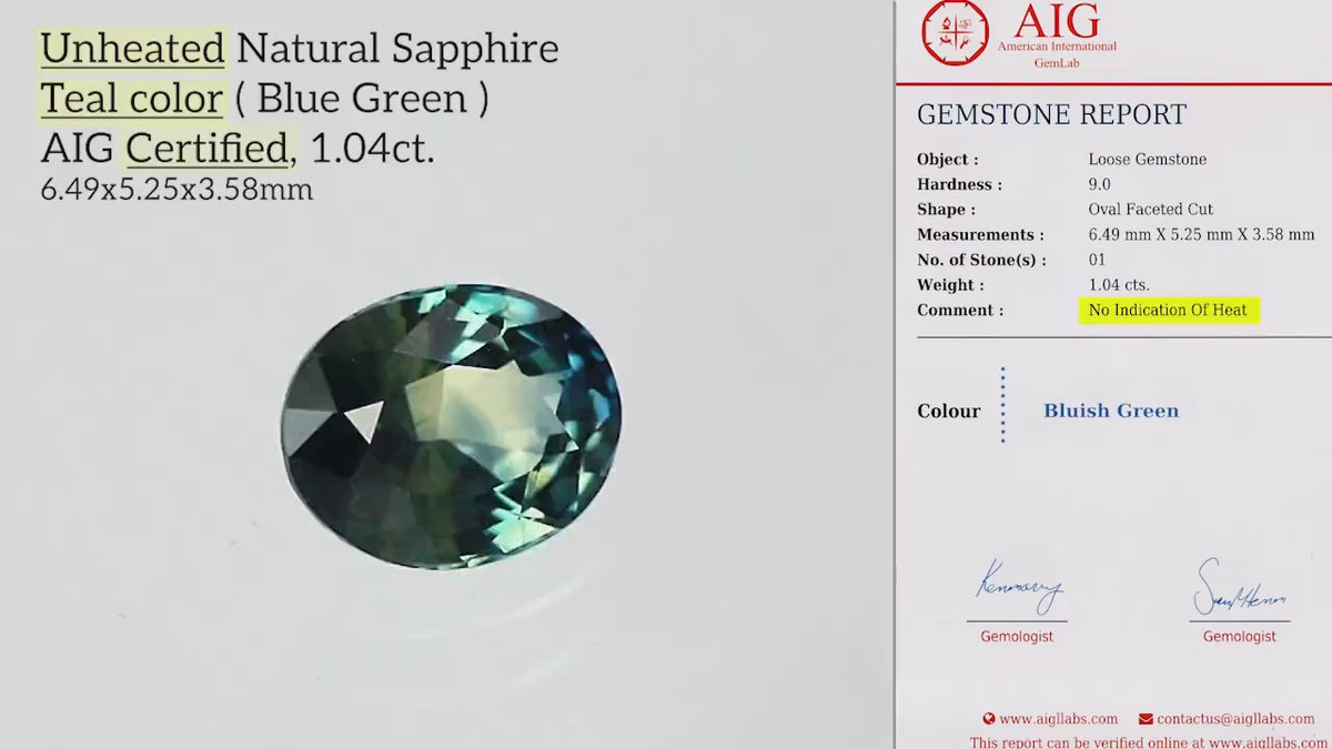 Oval blue-green sapphire turning on white and in tweezers, beside its corresponding AIG report.