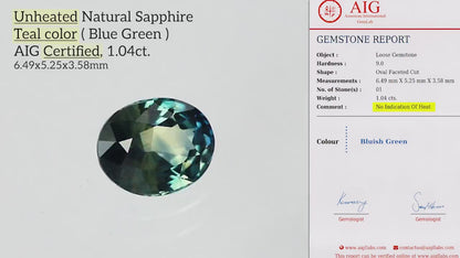 Oval blue-green sapphire turning on white and in tweezers, beside its corresponding AIG report.