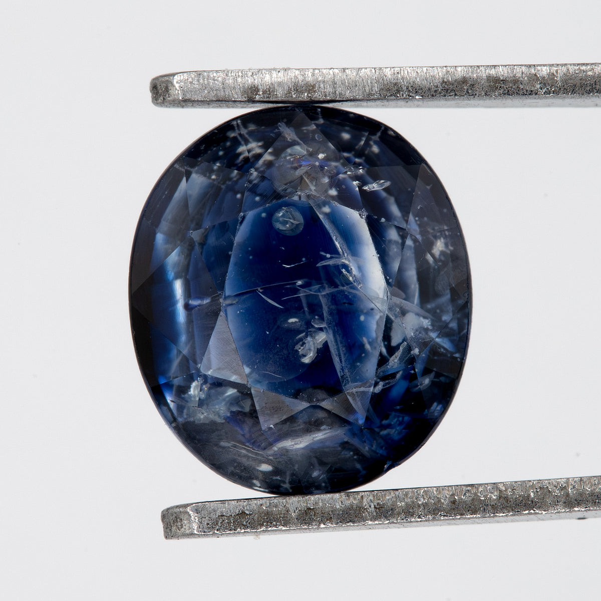 Face-up view of the oval blue sapphire in tweezers, showing its outline, table and visible inclusions.