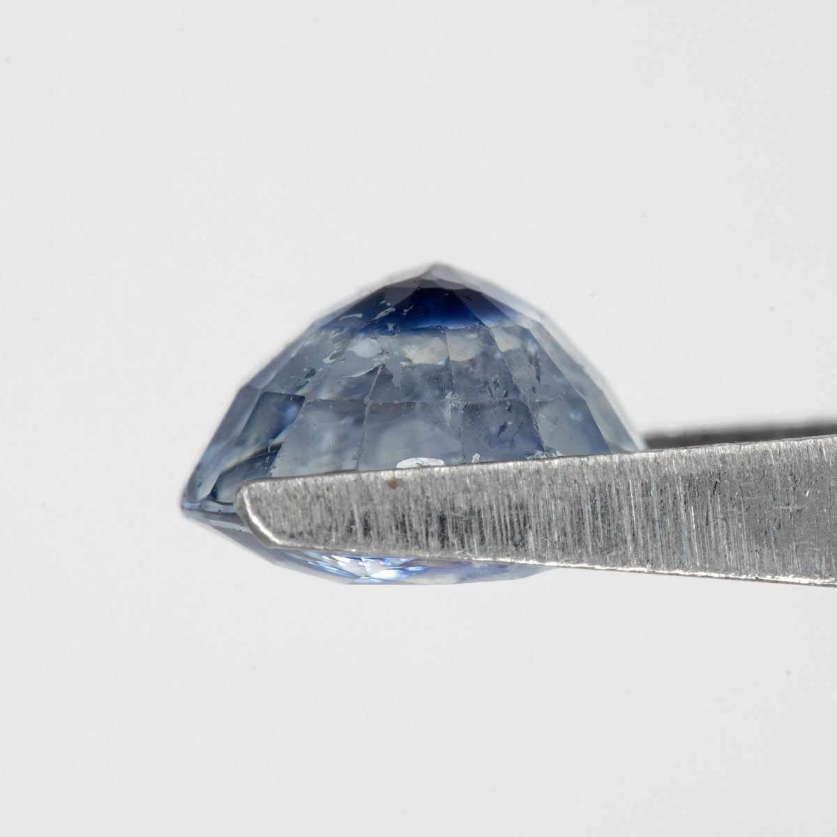 Side profile of the oval blue sapphire held in tweezers, showing crown and pavilion depth.