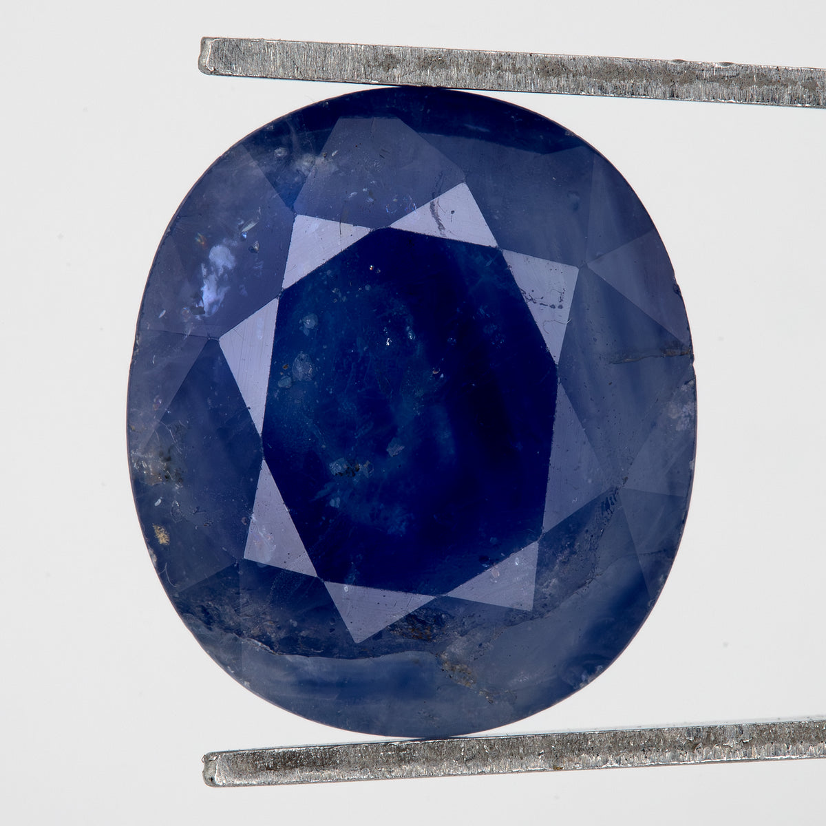 Face-up view of the oval blue sapphire in tweezers, showing its outline, table and visible inclusions.