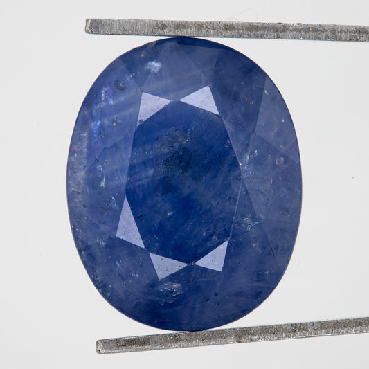 Face-up view of the oval blue sapphire in tweezers, showing its outline, table and visible inclusions.