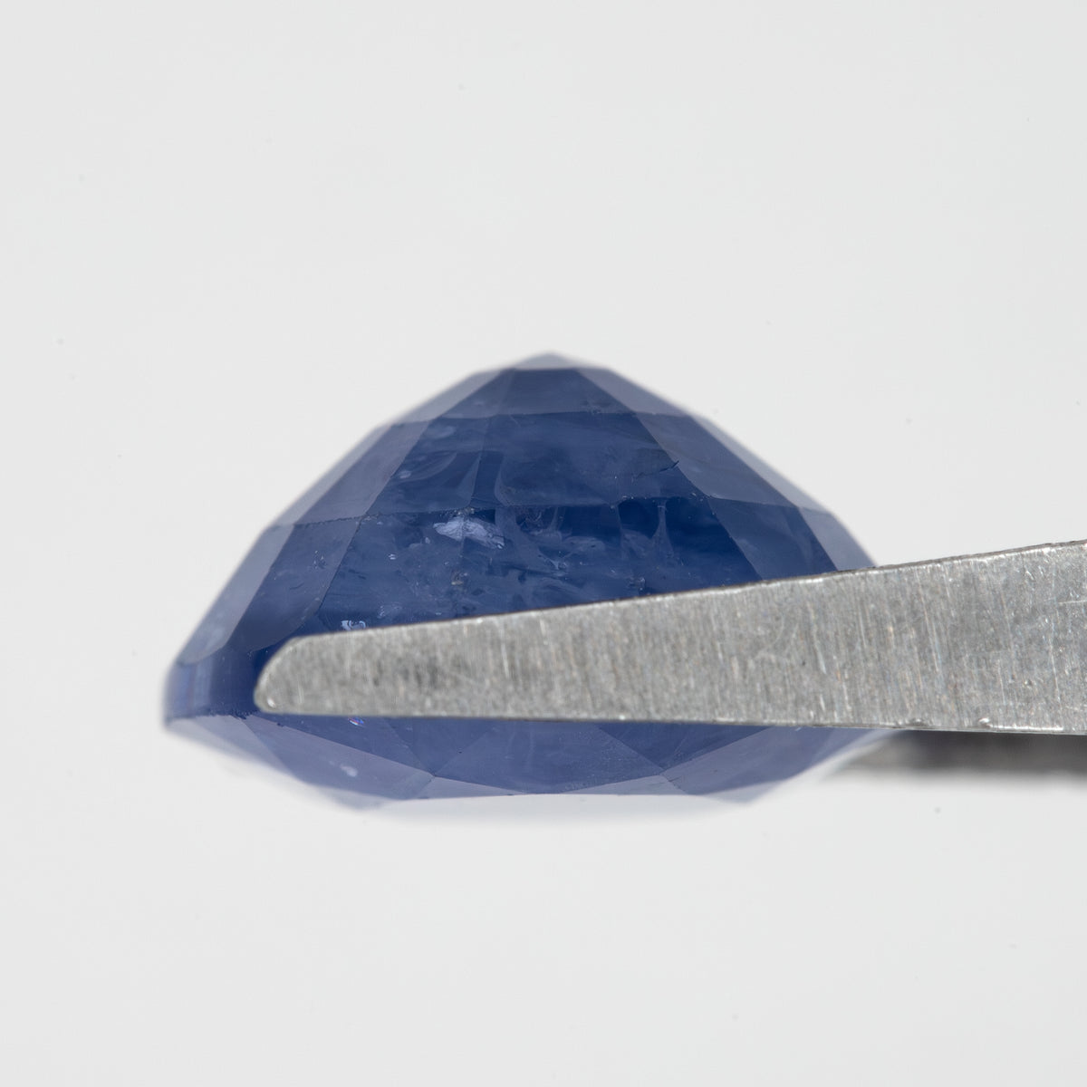 Side profile of the oval blue sapphire held in tweezers, showing crown and pavilion depth.