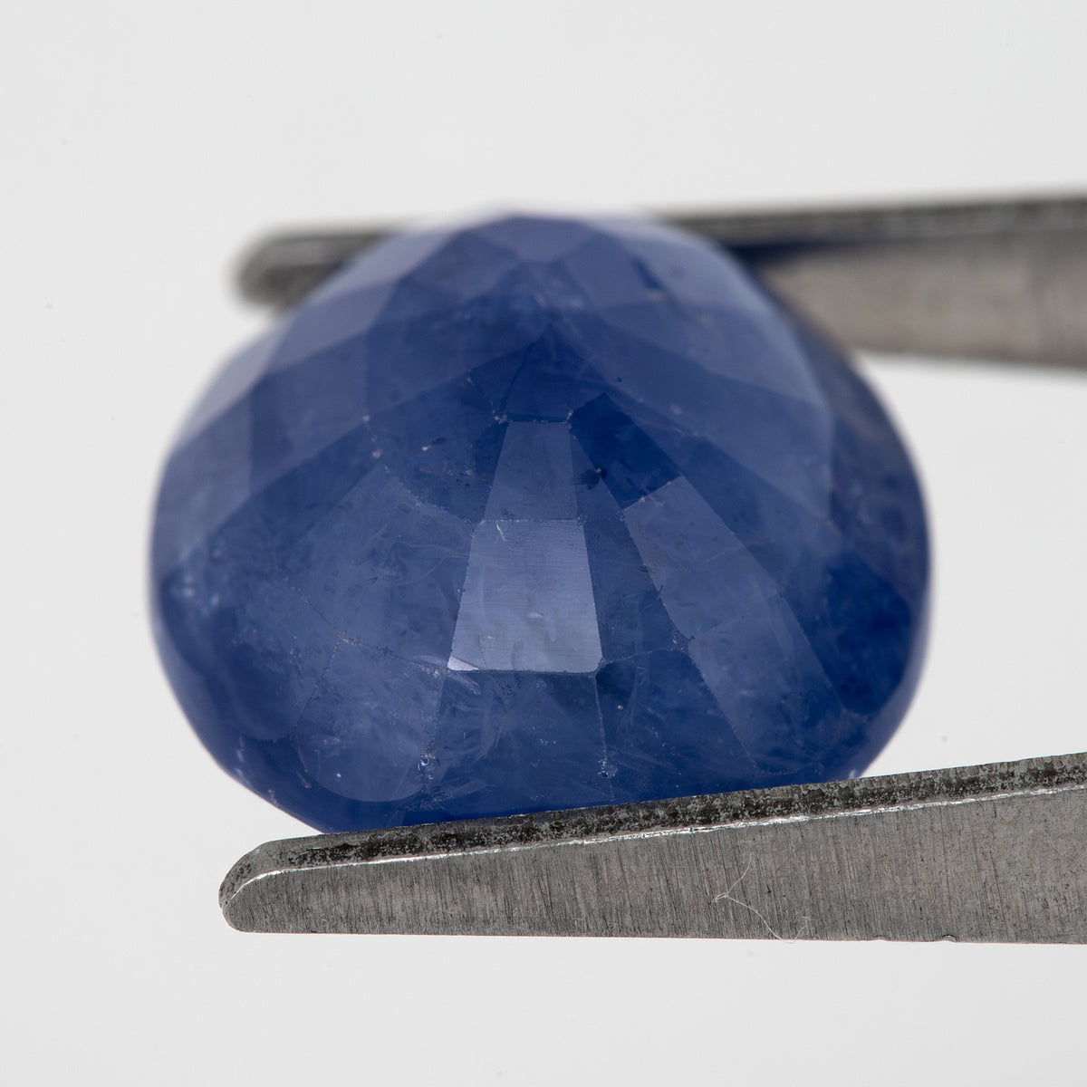 Tilted back view of the oval blue sapphire in tweezers, showing its pavilion facets.