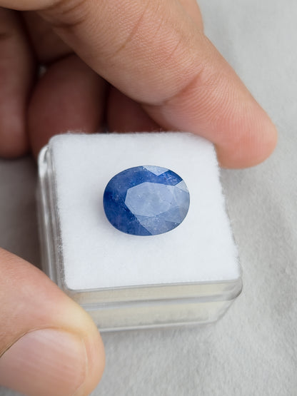 Face-up oval blue sapphire resting on a white display pad held in a hand.