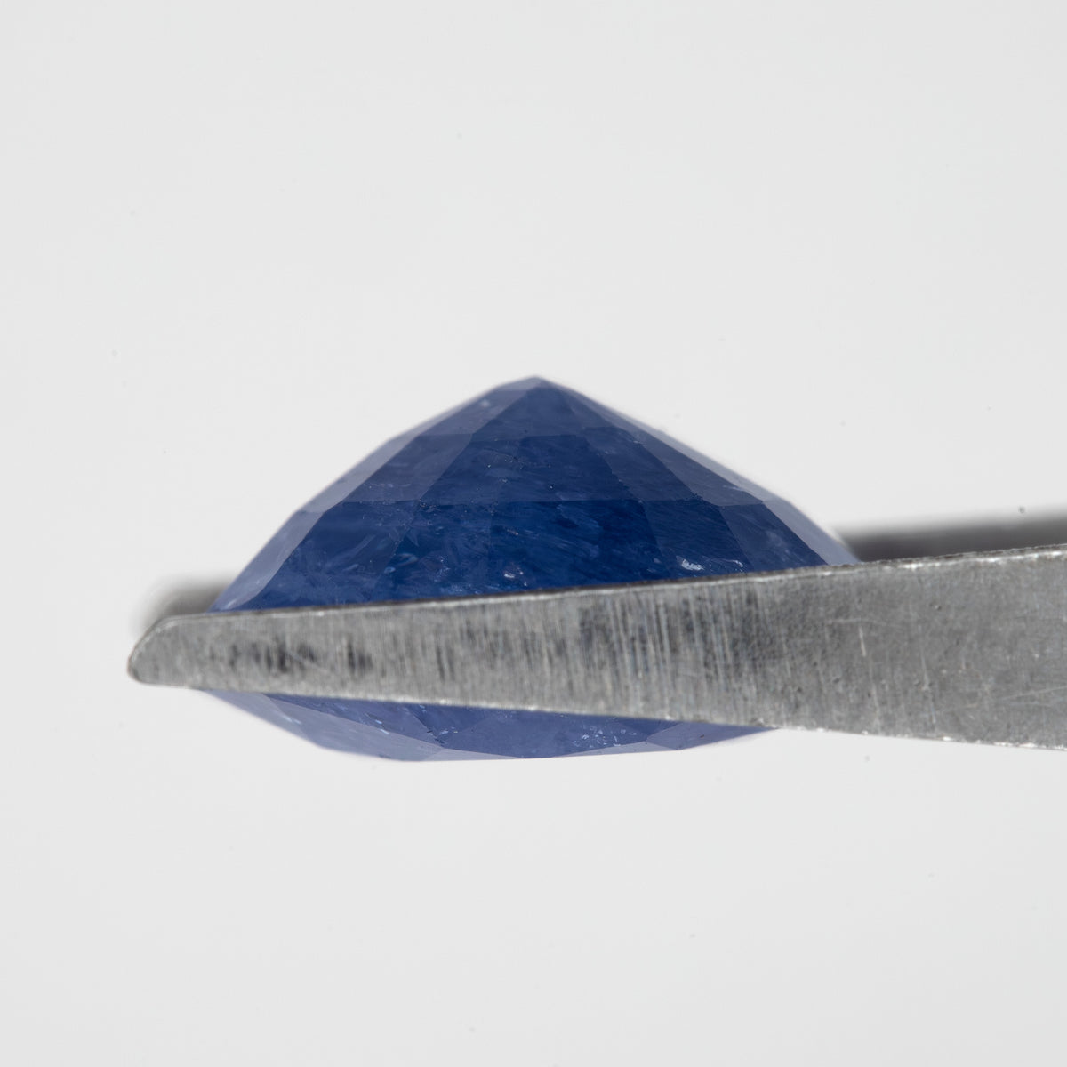 Side profile of the oval blue sapphire held in tweezers, showing crown and pavilion depth.