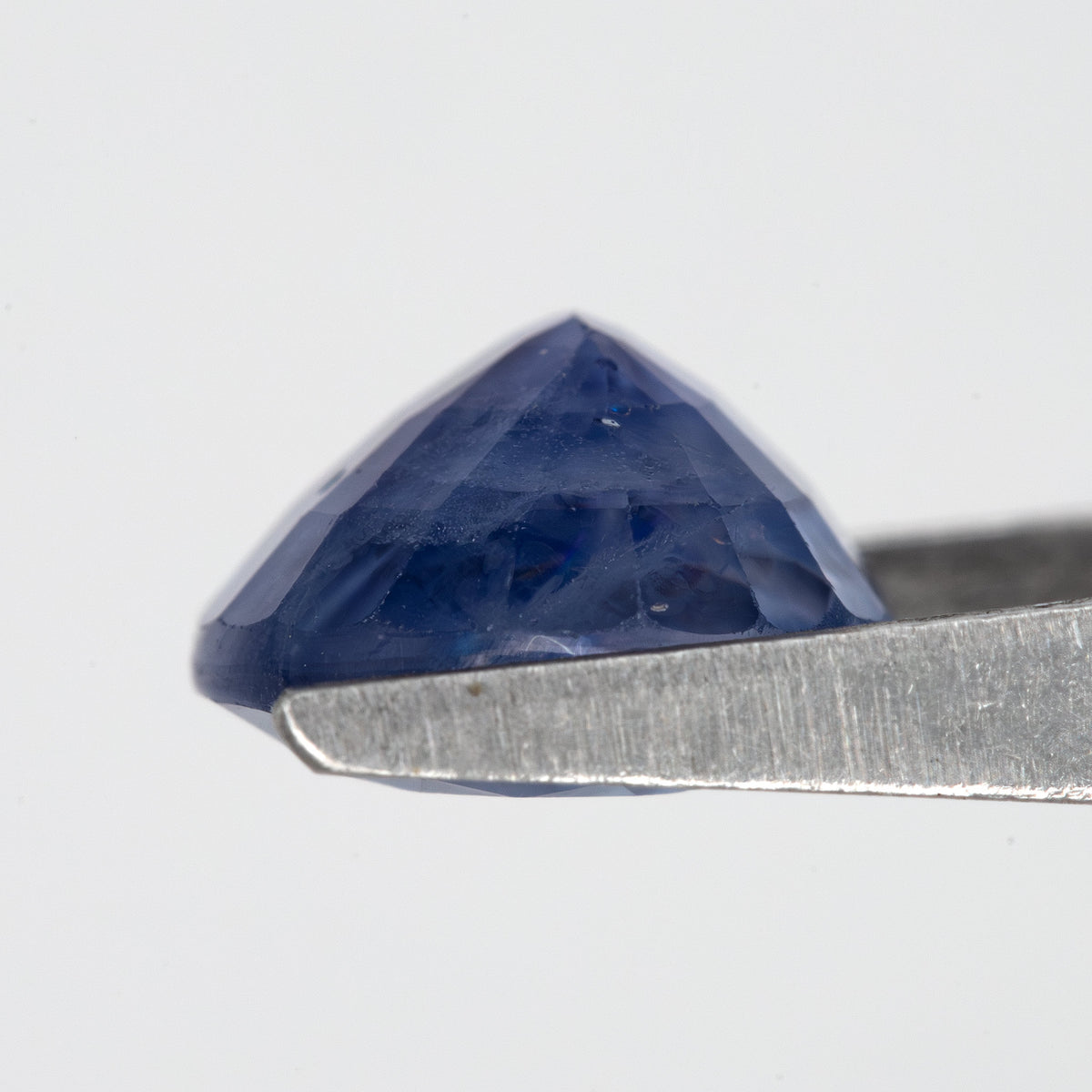 Side profile of the oval blue sapphire held in tweezers, showing crown and pavilion depth.