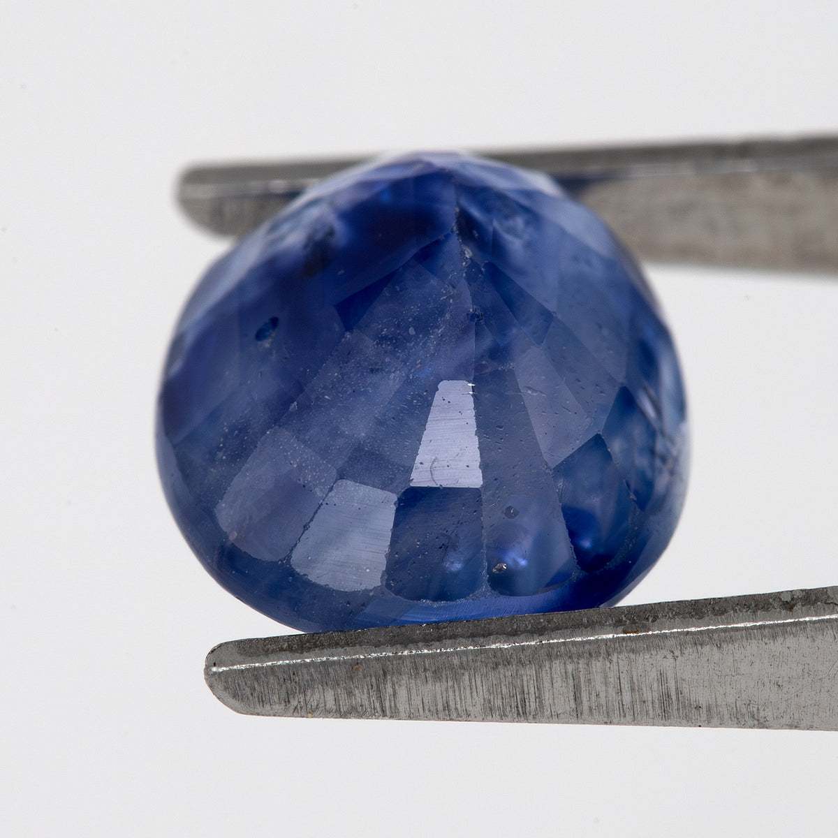 Tilted back view of the oval blue sapphire in tweezers, showing its pavilion facets.