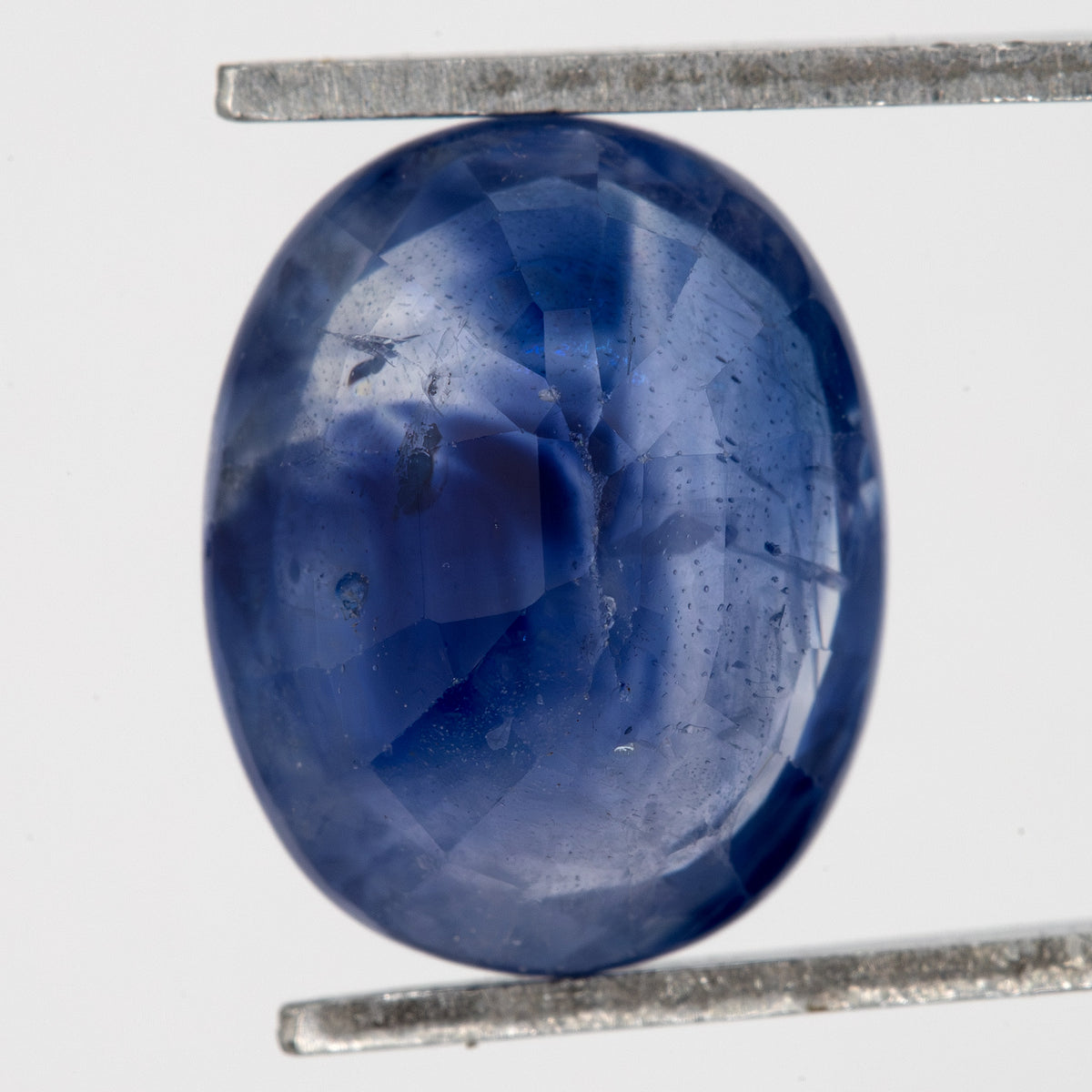 Back view of the oval blue sapphire, showing the pavilion faceting and outline.